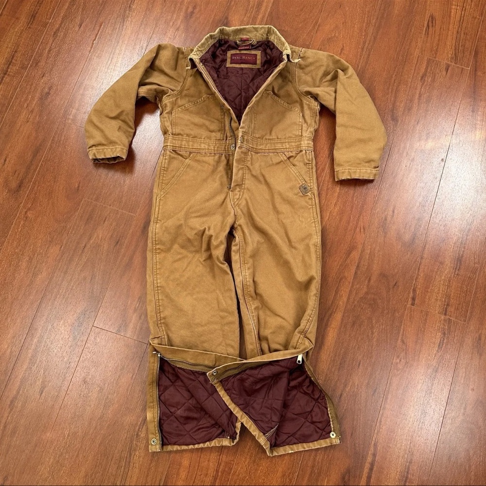 Real Ranch Insulated Coveralls Youth Small Tan Zip Snap Corduroy Collar Medium